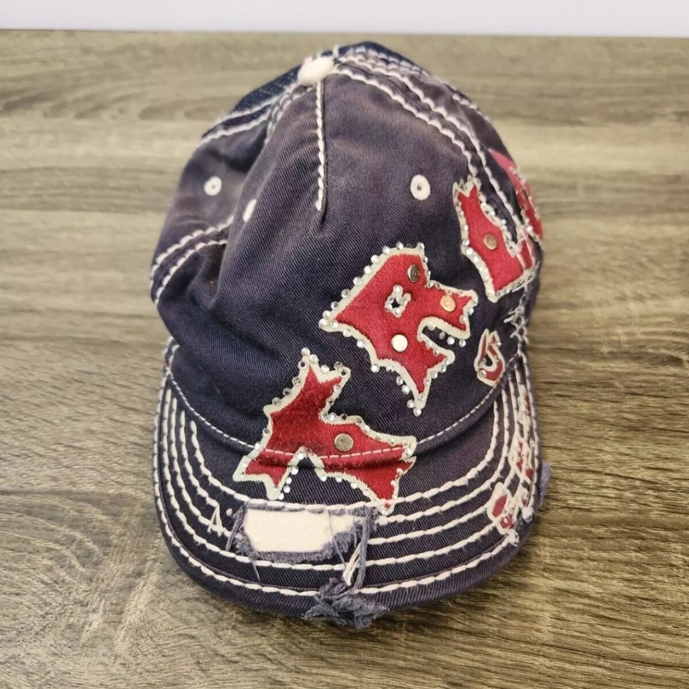 Vintage TRUE RELIGION Women's Distressed Cap Hat Short Bill Rhinestones Blue